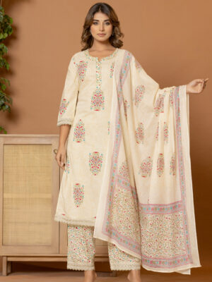 Graceful beige pure cotton kurta set (with dupatta and trouser)