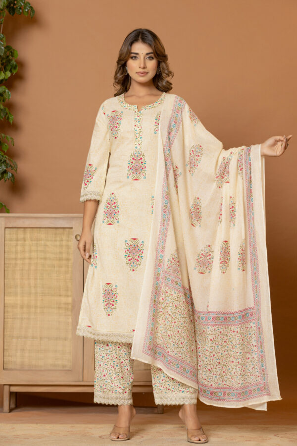 Graceful beige pure cotton kurta set (with dupatta and trouser)