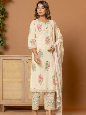 Graceful beige pure cotton kurta set (with dupatta and trouser)