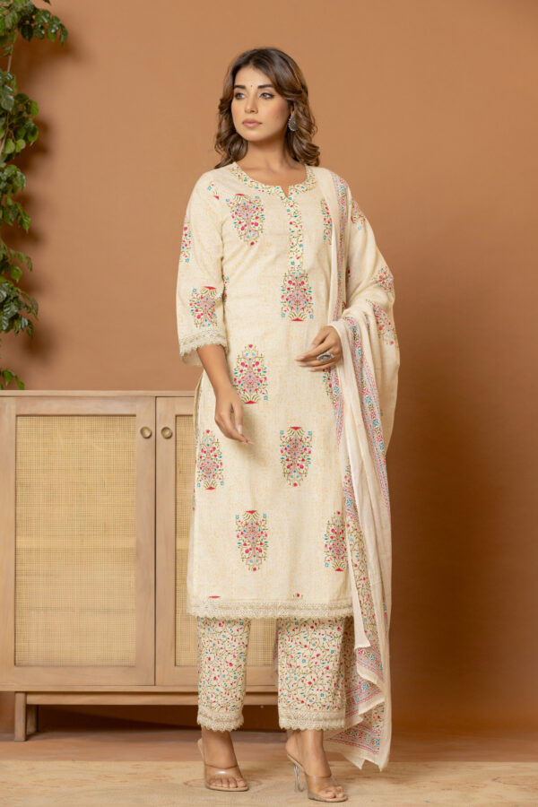 Graceful beige pure cotton kurta set (with dupatta and trouser)