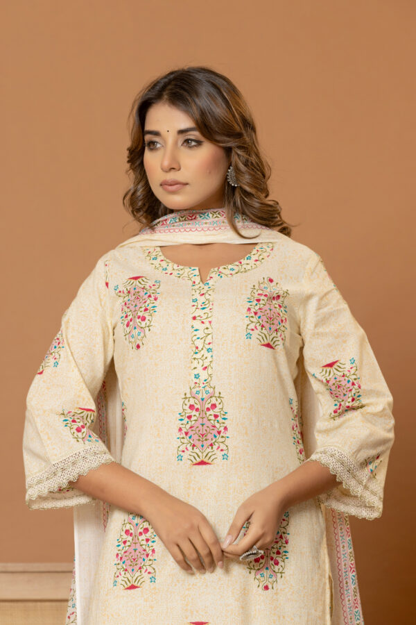 Graceful beige pure cotton kurta set (with dupatta and trouser)