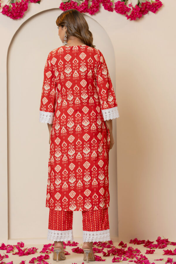 Ruby red Ikkat print pure cotton pakistani kurta set (with dupatta and trouser)