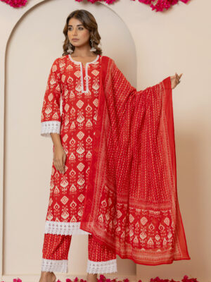 Ruby red Ikkat print pure cotton pakistani kurta set