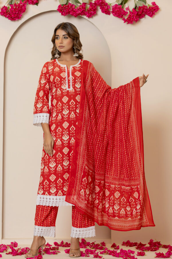 Ruby red Ikkat print pure cotton pakistani kurta set (with dupatta and trouser)