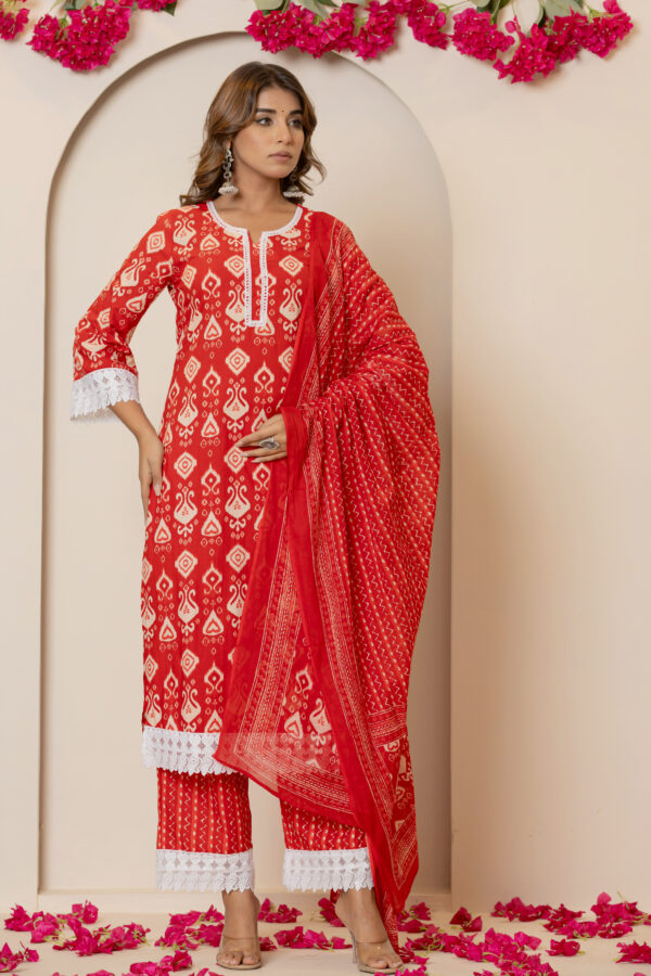 Ruby red Ikkat print pure cotton pakistani kurta set (with dupatta and trouser)