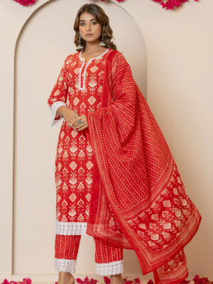 Ruby red Ikkat print pure cotton pakistani kurta set (with dupatta and trouser)