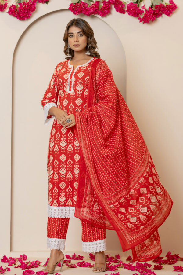 Ruby red Ikkat print pure cotton pakistani kurta set (with dupatta and trouser)