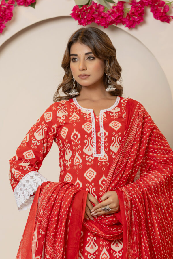 Ruby red Ikkat print pure cotton pakistani kurta set (with dupatta and trouser)