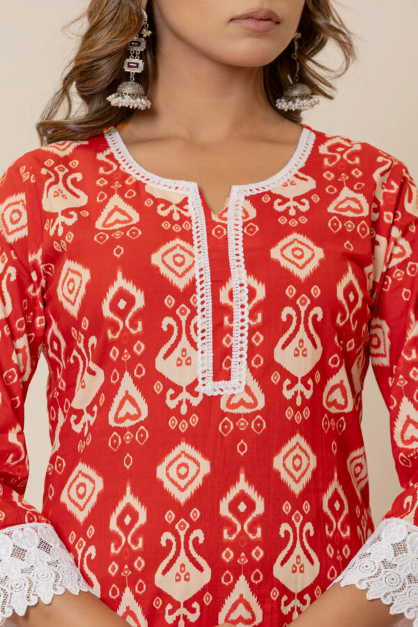 Ruby red Ikkat print pure cotton pakistani kurta set (with dupatta and trouser)