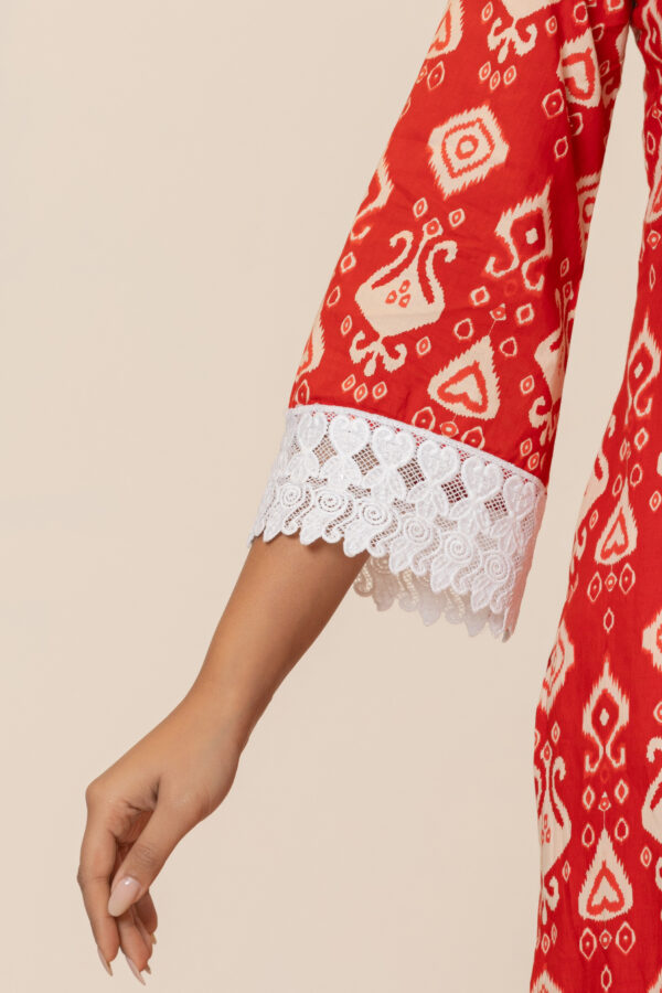 Ruby red Ikkat print pure cotton pakistani kurta set (with dupatta and trouser)
