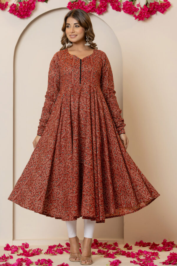 Gulbahar maroon pure cotton printed anarkali kurta
