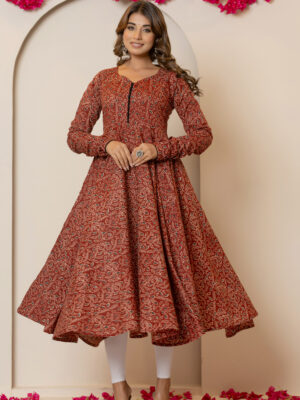 Gulbahar maroon pure cotton printed anarkali kurta