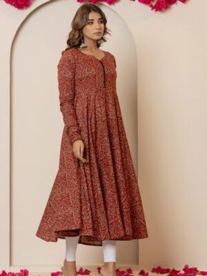 Gulbahar maroon pure cotton printed anarkali kurta