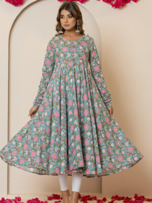 Spring sky floral printed pure cotton anarkali kurta