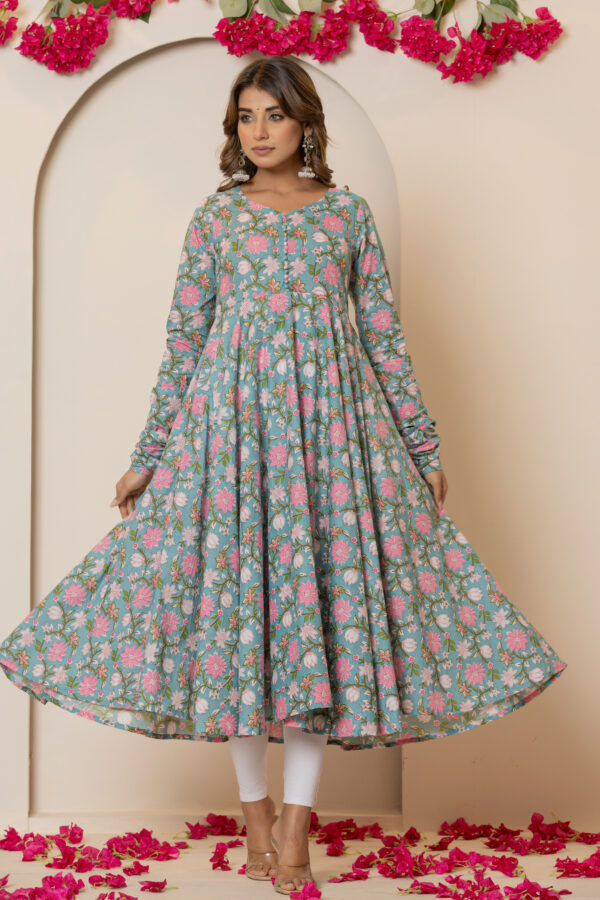 Spring sky floral printed pure cotton anarkali kurta
