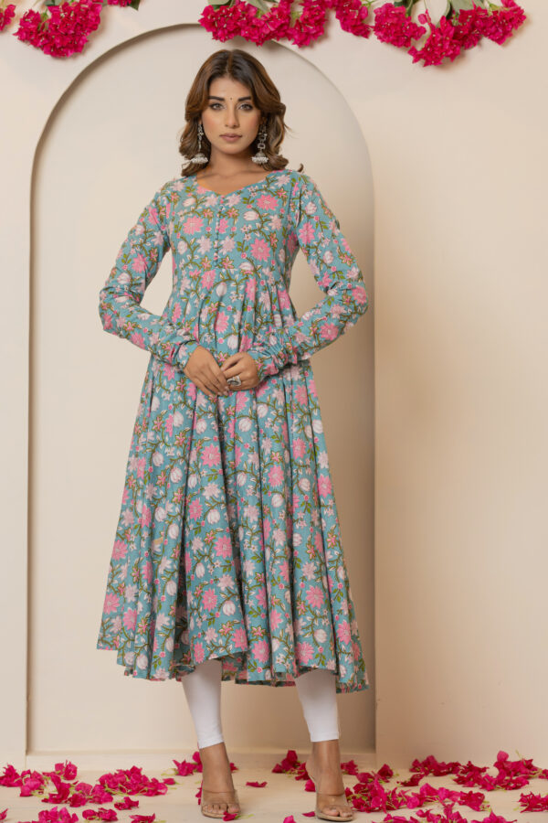 Spring sky floral printed pure cotton anarkali kurta