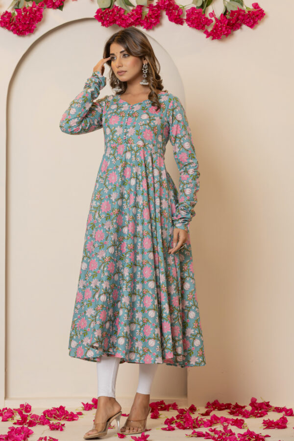 Spring sky floral printed pure cotton anarkali kurta