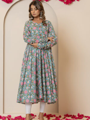 Spring sky floral printed pure cotton anarkali kurta