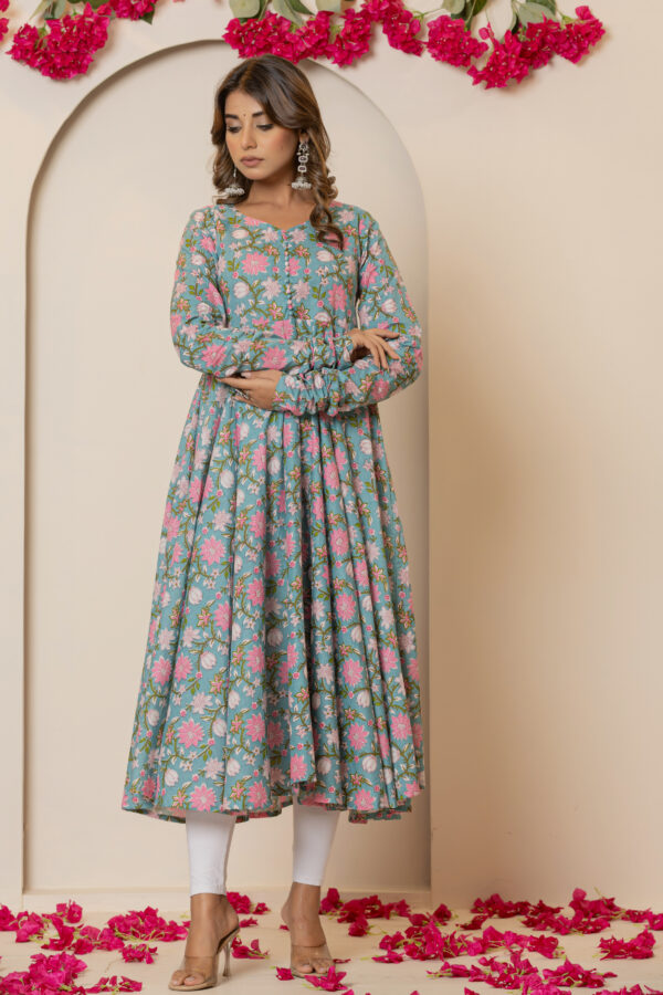 Spring sky floral printed pure cotton anarkali kurta