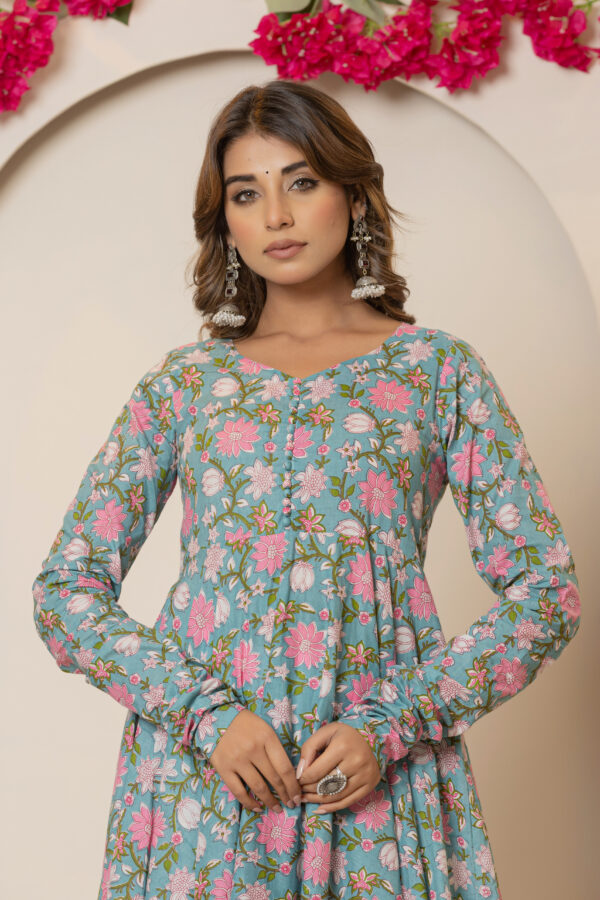 Spring sky floral printed pure cotton anarkali kurta