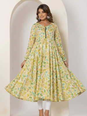 Floral sunshine foil printed pure cotton anarkali kurta