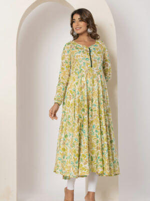 Floral sunshine foil printed pure cotton anarkali kurta