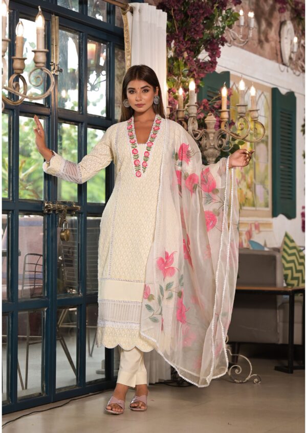 Ivory grace kurta set with hand painted dupatta