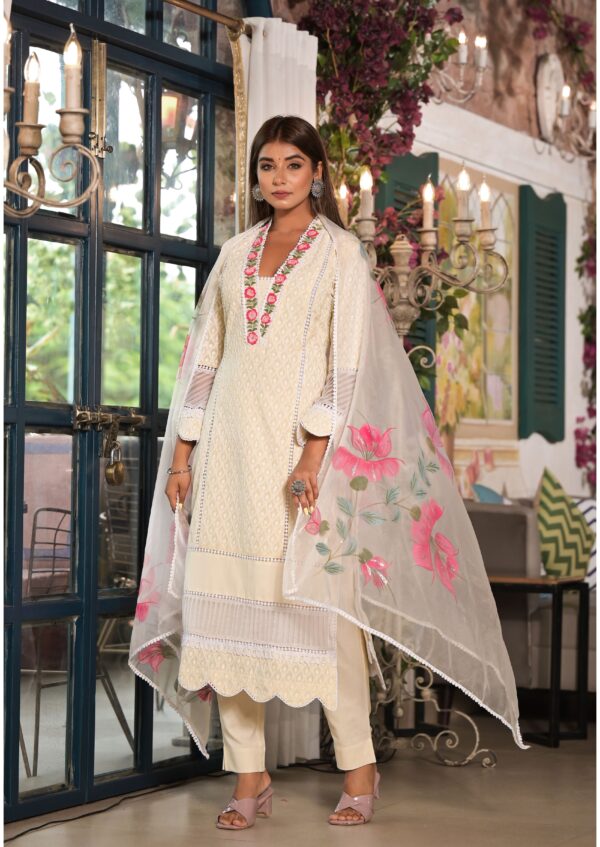 Ivory grace kurta set with hand painted dupatta