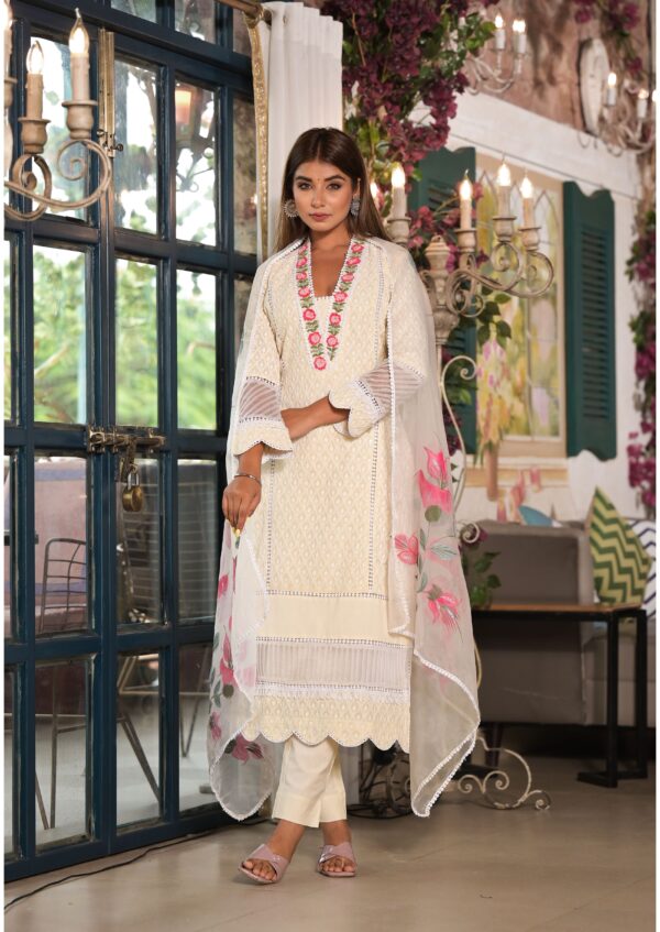 Ivory grace kurta set with hand painted dupatta