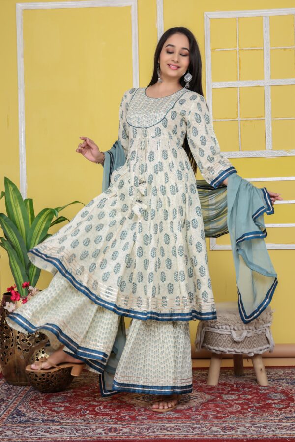 Noor-E cream pure cotton anarkali kurta with sharara & dupatta