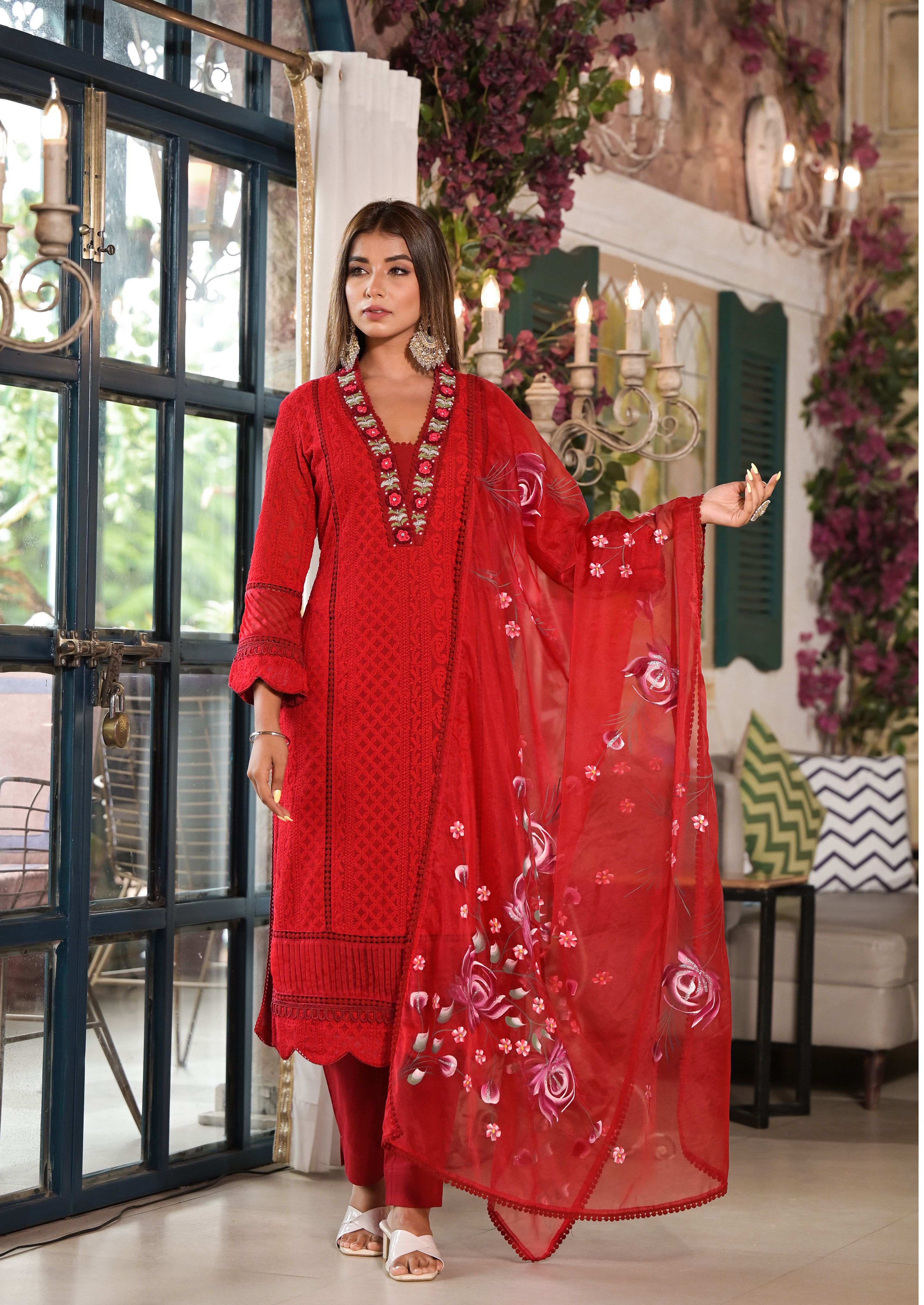 Cherry elegance kurta set with hand painted dupatta