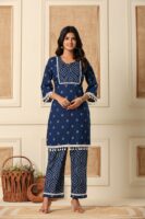 Blue mirage pure cotton co-ord set with shell lace